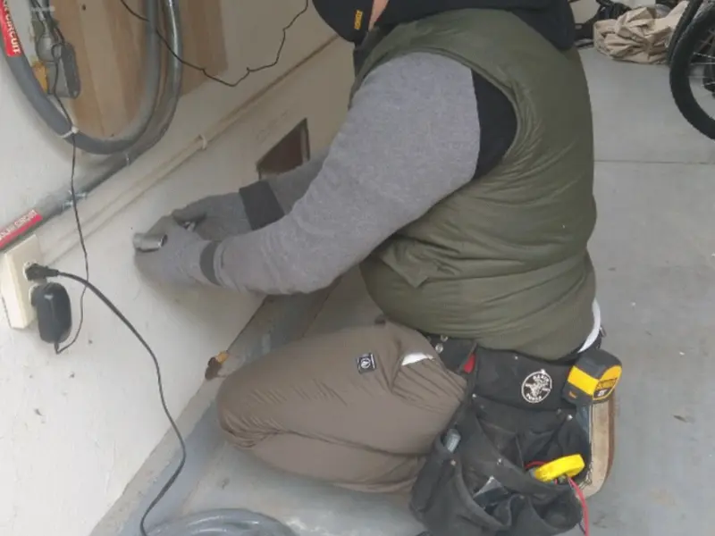 Electrician performing outlet wiring in a Albion garage